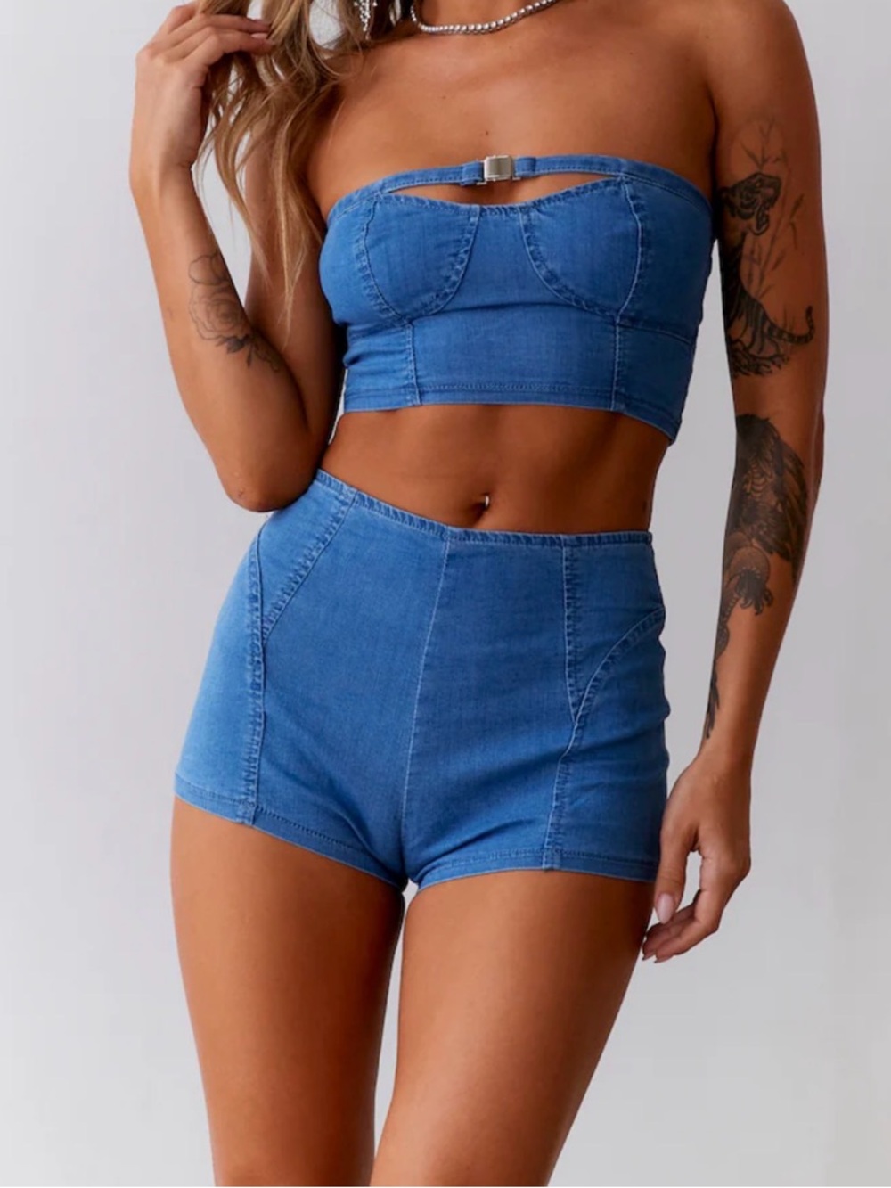 Hello Molly High-Waist Blue Denim Shorts with matching top